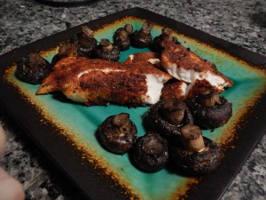 Oven baked blackened tilapia with roasted ol' thymey mushrooms. 