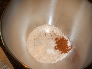 All the dry ingredients in the mixing bowl with a paltry teaspoon of pumpkin spice.